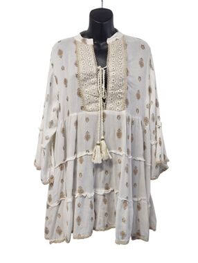 Double Decker White Gold Embroidered Tiered Boho Tunic Top Bell Sleeve Sz L/XL